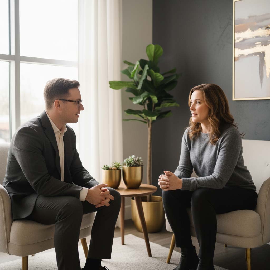 A psychiatrist and adult client engaged in a calm, thoughtful conversation during an autism assessment at The Holistic Psychiatry Clinic.