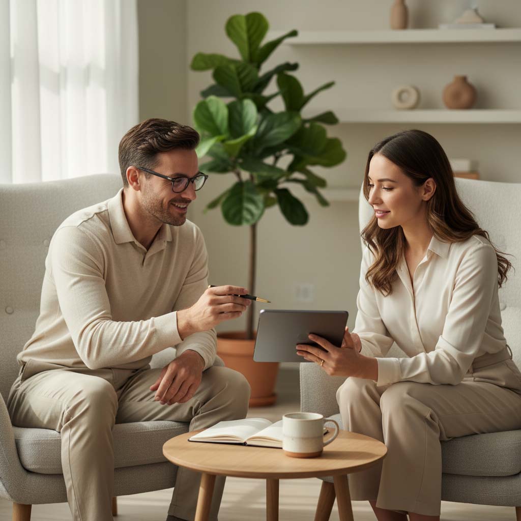 A psychiatrist and client reviewing progress notes together during a 60-minute follow-up session at The Holistic Psychiatry Clinic, London.