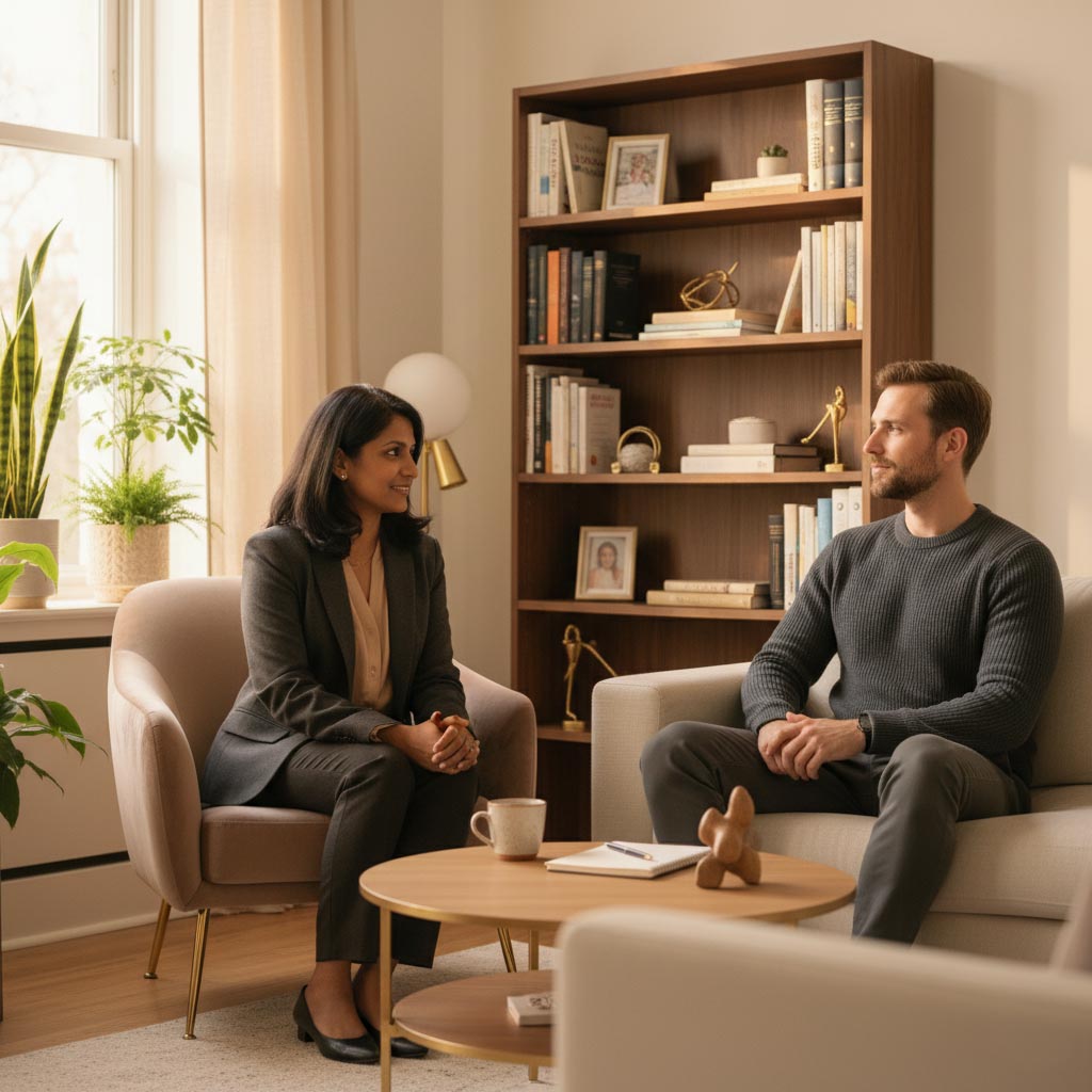 A psychiatrist attentively listening to an adult client during an initial consultation in a calm, light-filled therapy room at The Holistic Psychiatry Clinic.