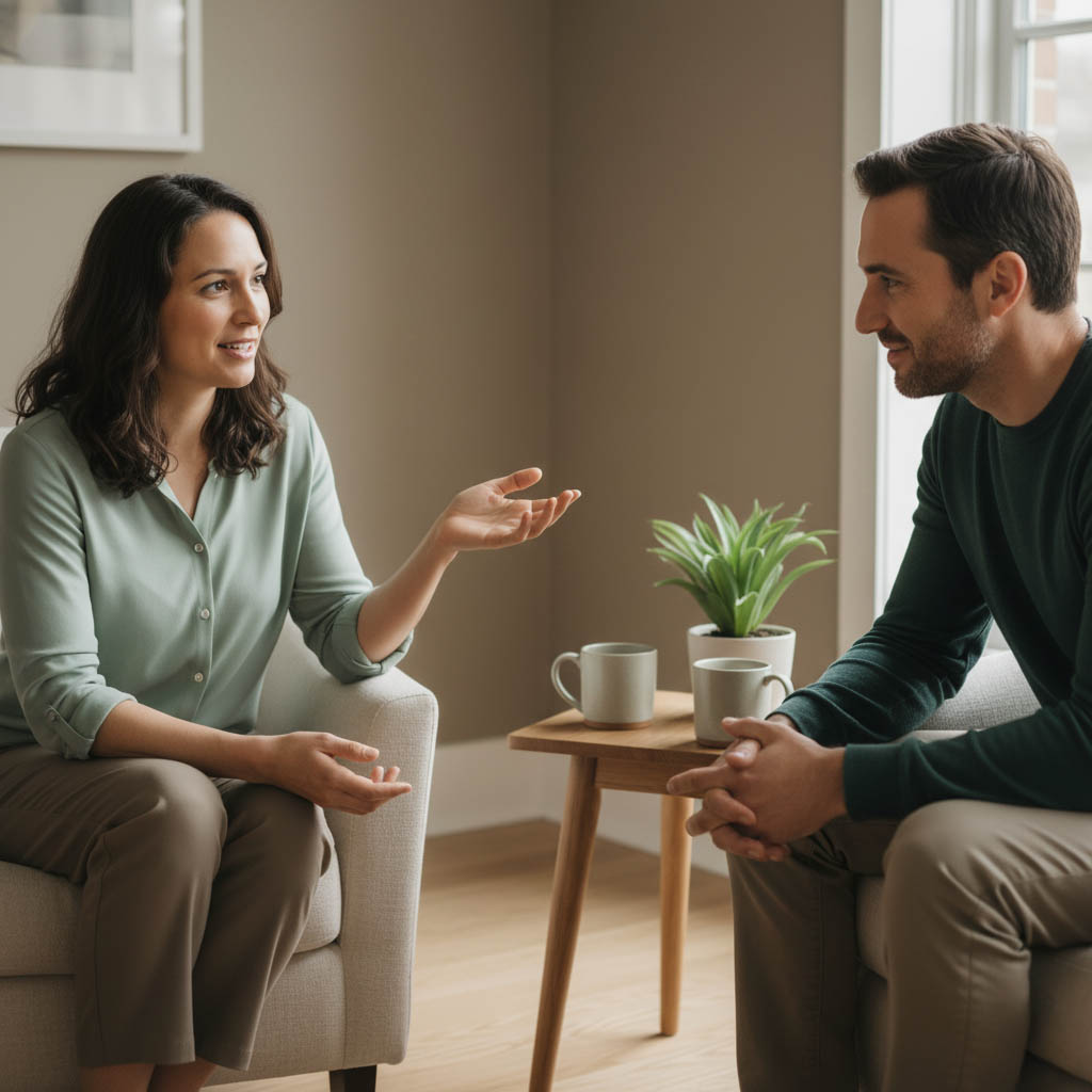 Psychiatrist listening attentively, showing personalised care and compassion.