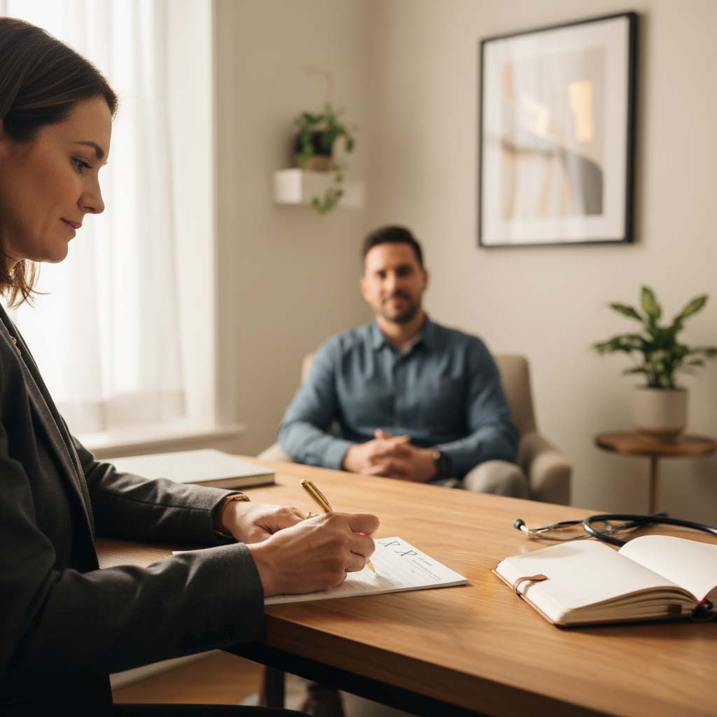 A psychiatrist reviewing a prescription in a calm, light-filled consultation room at The Holistic Psychiatry Clinic, symbolising safe and responsible medication management.