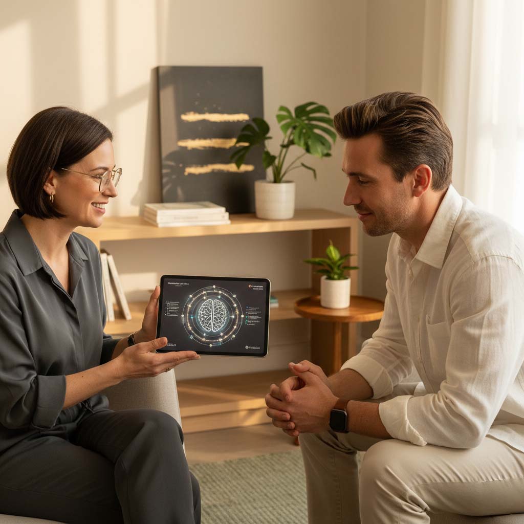 A psychiatrist and adult client discussing an ADHD and autism assessment in a calm, light-filled consultation room at The Holistic Psychiatry Clinic.
