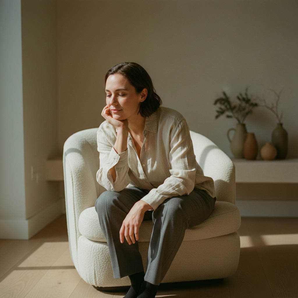 A person sitting in soft natural light with a calm, thoughtful expression, reflecting everyday emotional overwhelm.