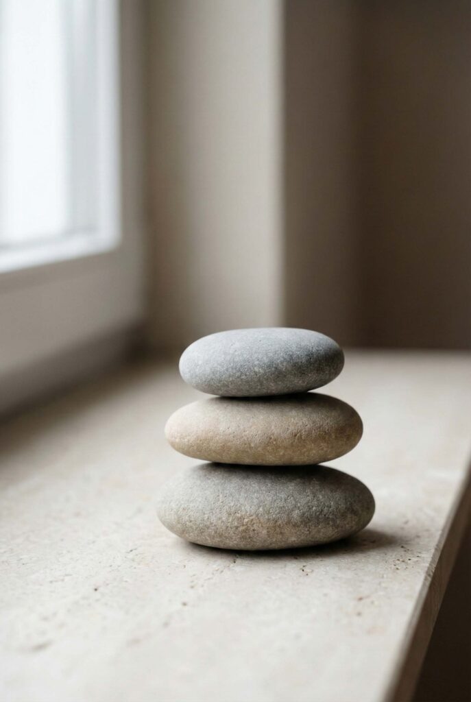 balanced stones on a shelf by window with brightness through window