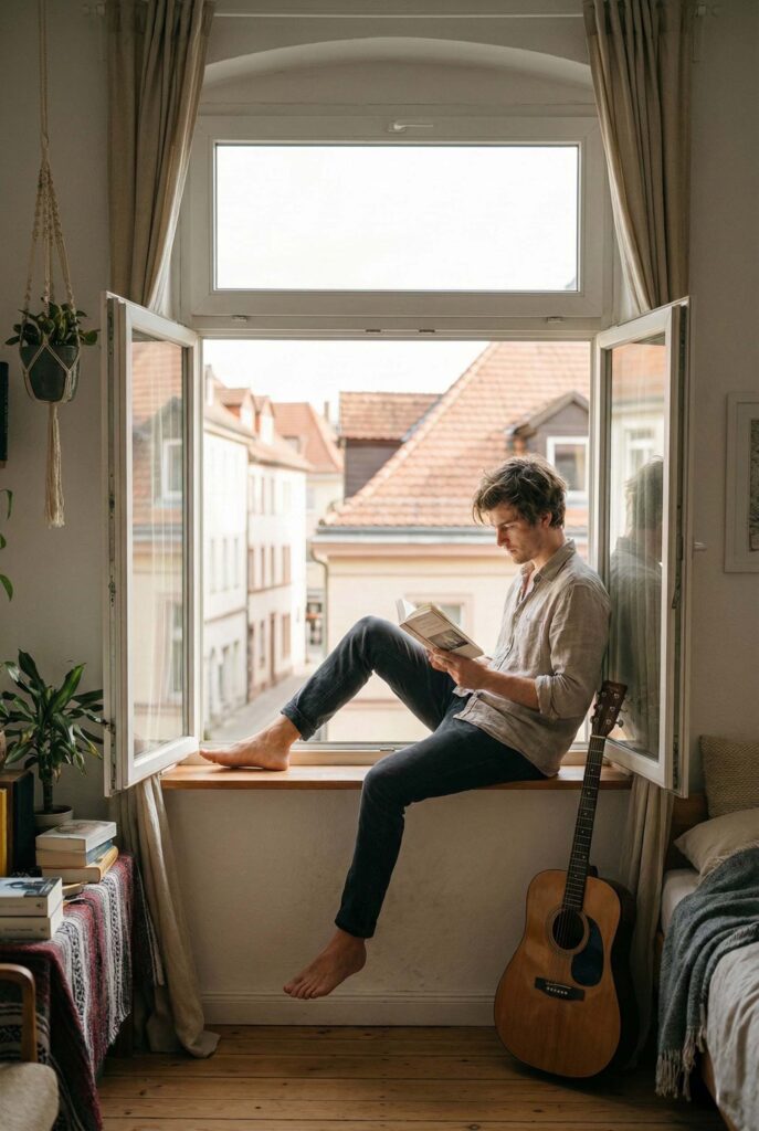 man sat by window reading a book