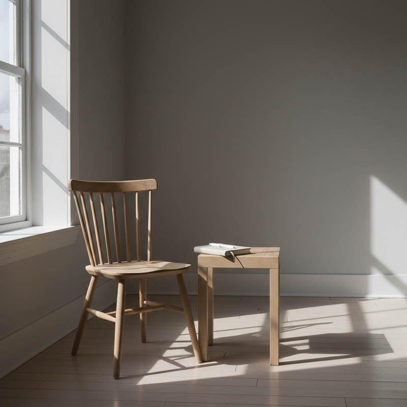 interior scene with single empty chair