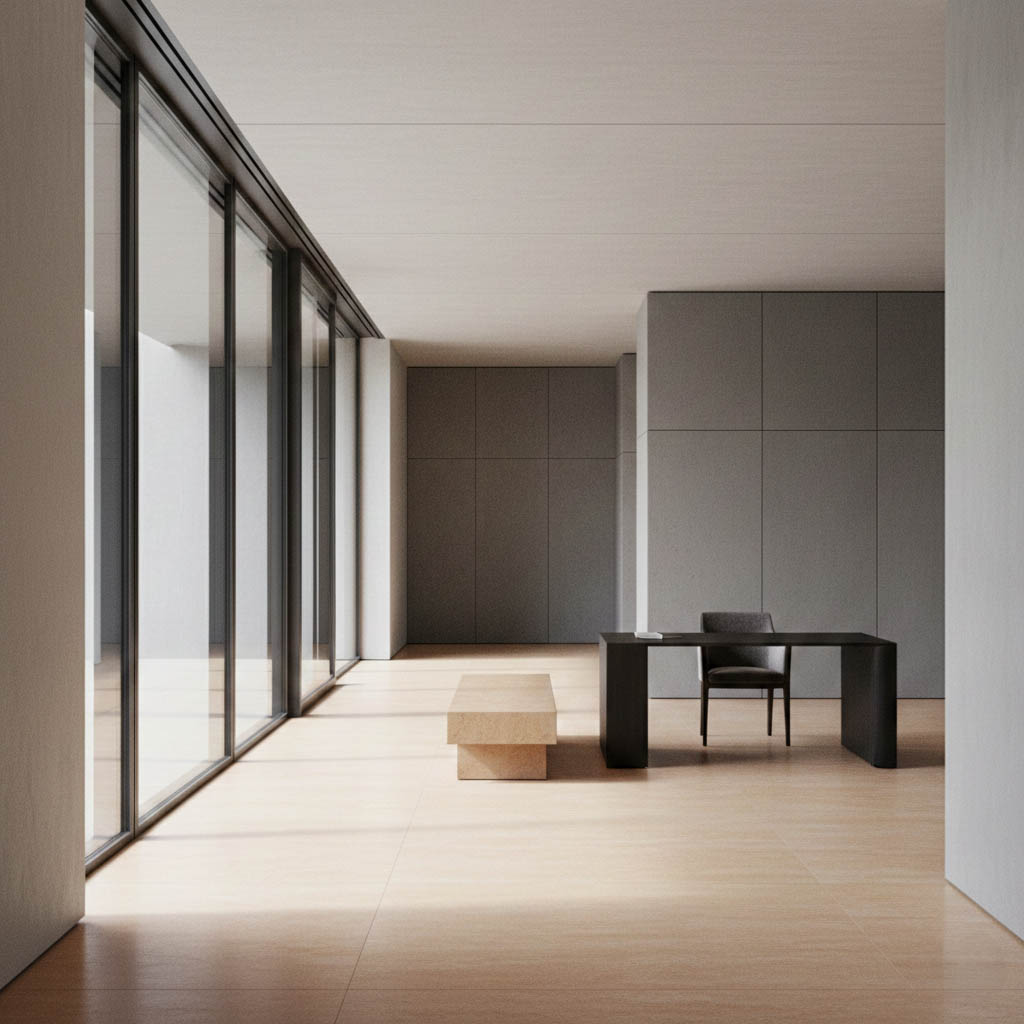 Minimal architectural interior with natural light, representing clarity and reflection