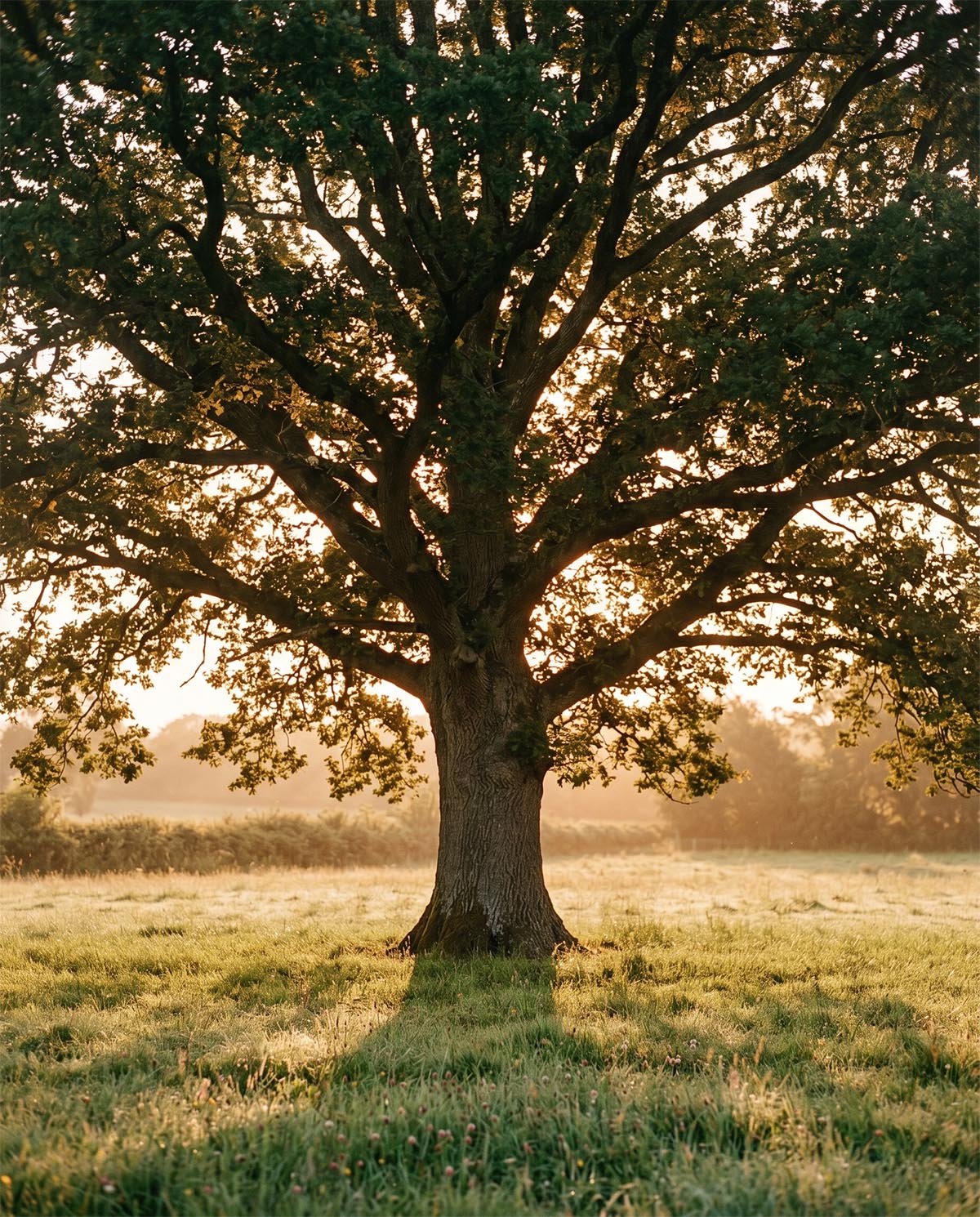 A single mature tree in an open English meadow at early morning, warm golden light filtering through the branches